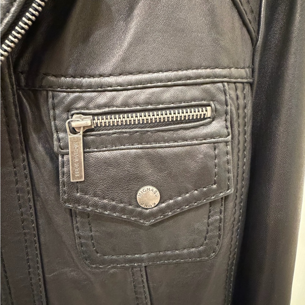 Michael Kors Black Leather Zip-Front Moto Jacket - Picture 3 of 11